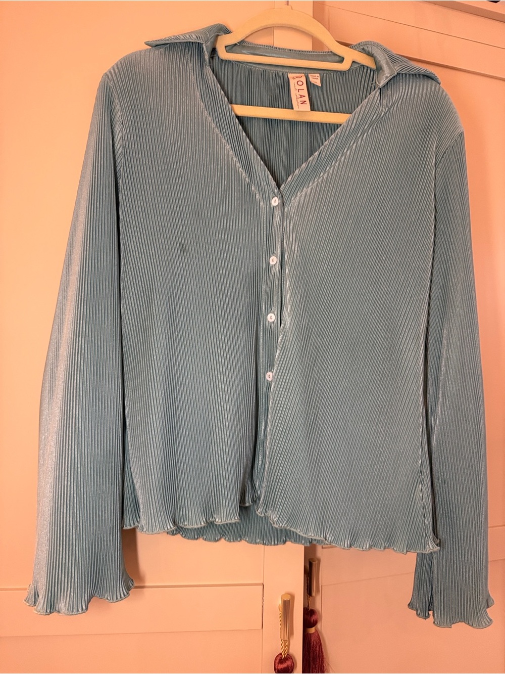 dolan Light Blue Ribbed Button-Down Shirt with Ruffle Trim - Picture 3 of 7